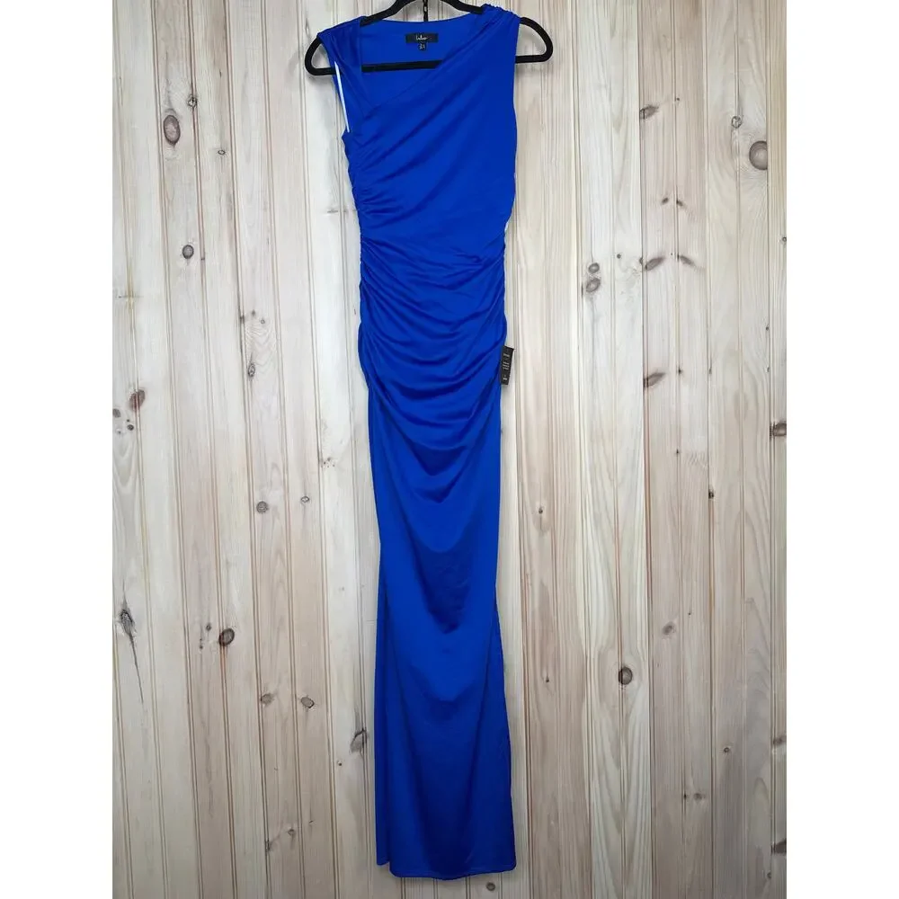 NWT Lulus Enticing Darling Royal Blue Asymmetrical Ruched Maxi Dress Gala Sz XS